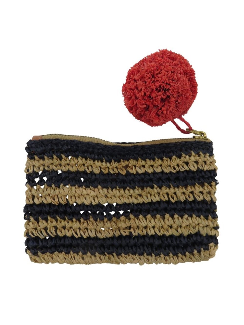 NEW J Crew Tan Blue Straw Loose Woven Zippered Coin Purse Wallet Pom Pom Pull